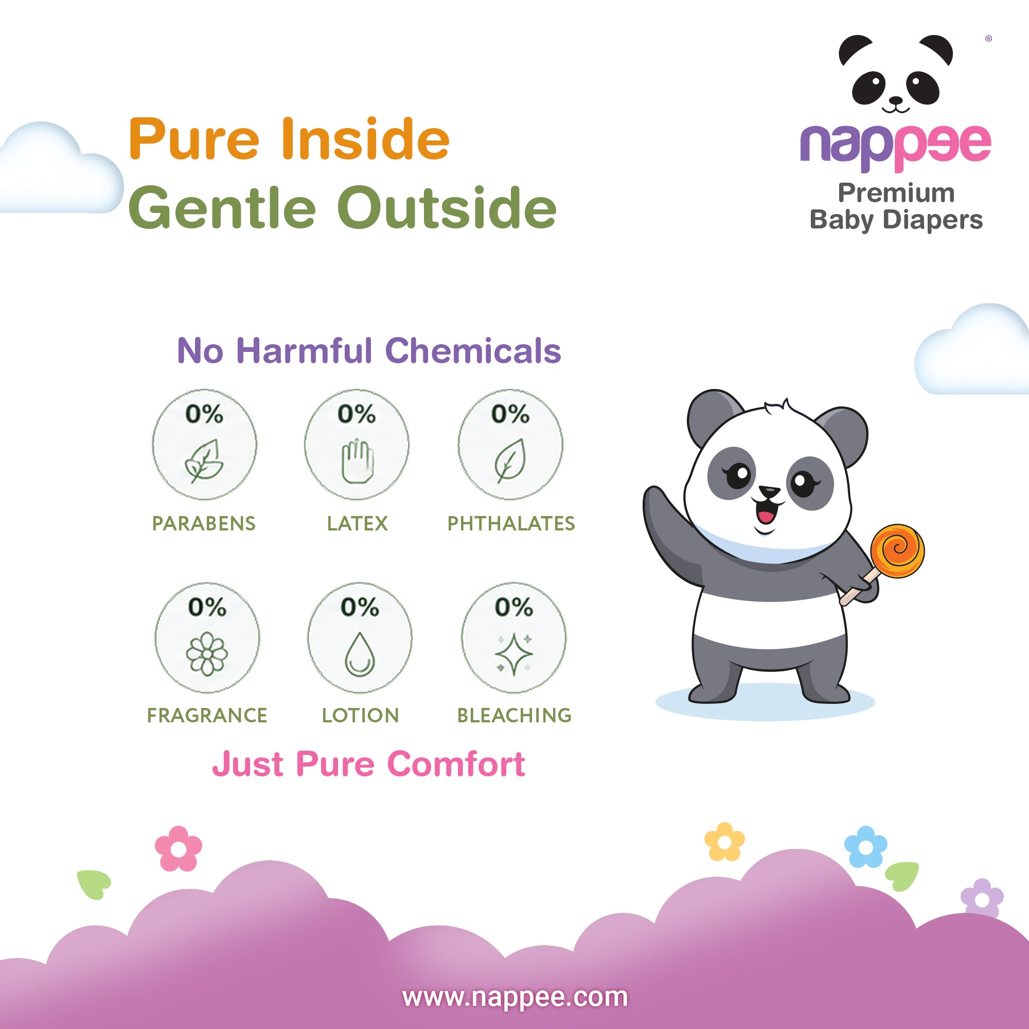 Nappee Premium Baby Diapers highlighting no harmful chemicals