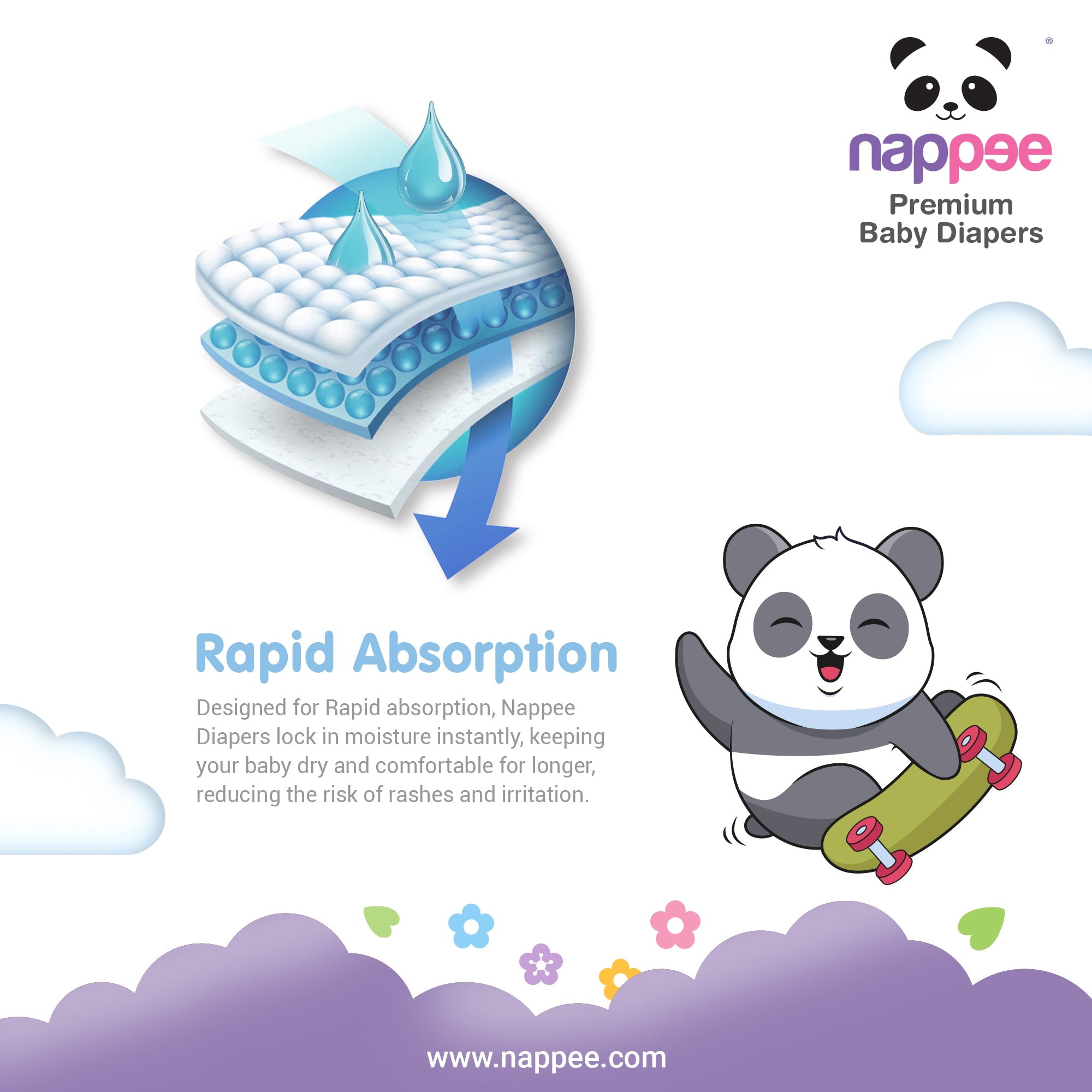 Rapid absorption technology in Nappee Premium Baby Diapers